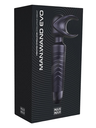 Box packaging of MAN.WAND EVO male vibrator on a white background
