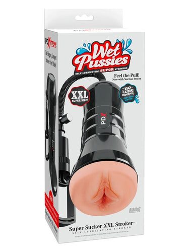 Product packaging of Wet Pussies Super Sucker XXL Stroker on a white background