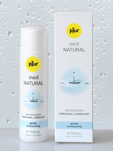 Pjur med Natural water-based personal lubricant bottle and packaging on a light gray background
