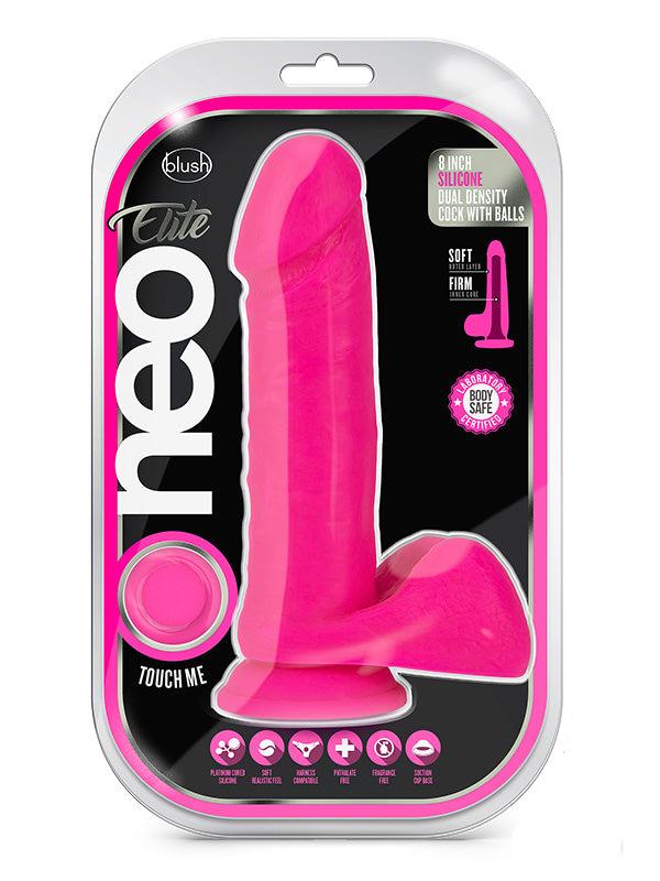 Blush Neo Elite 8 Inch Silicone Dual Density Dildo with Balls Neon Pink 20.3 cm